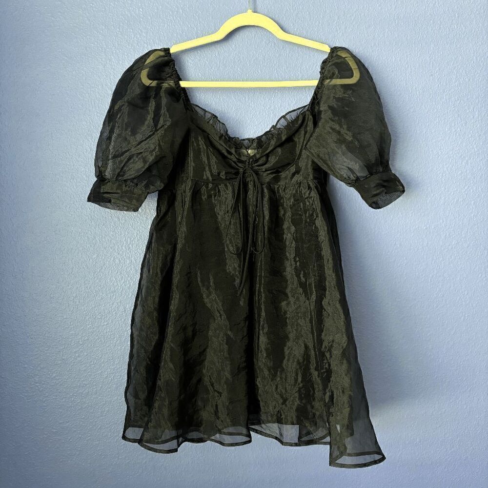 Mable Medium Black Puff Sleeve Square Neck Babydoll Mini Dress Smocked Tulle GUC